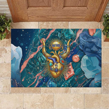 Hathor Golden Sacred Heart Egyptian Rubber Doormat with Gemstone Pattern in Turquoise Theme