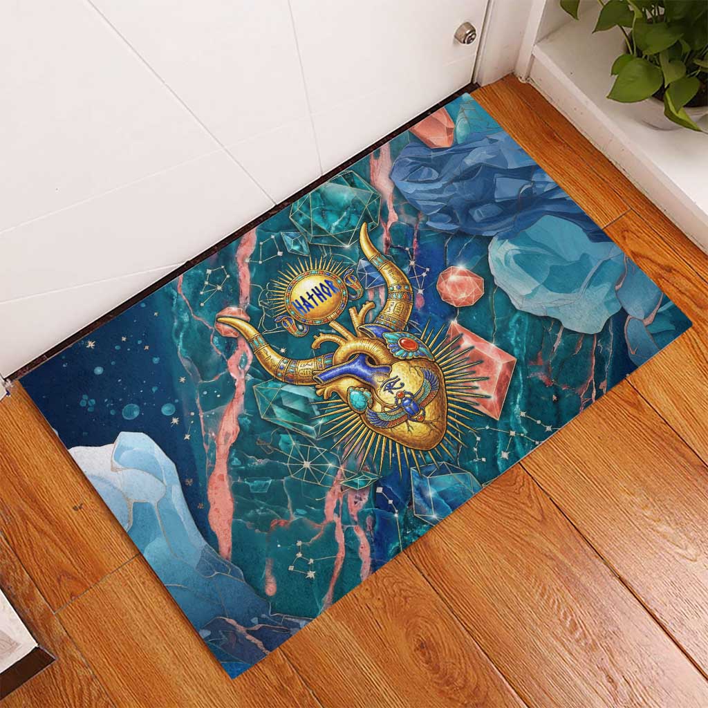 Hathor Golden Sacred Heart Egyptian Rubber Doormat with Gemstone Pattern in Turquoise Theme