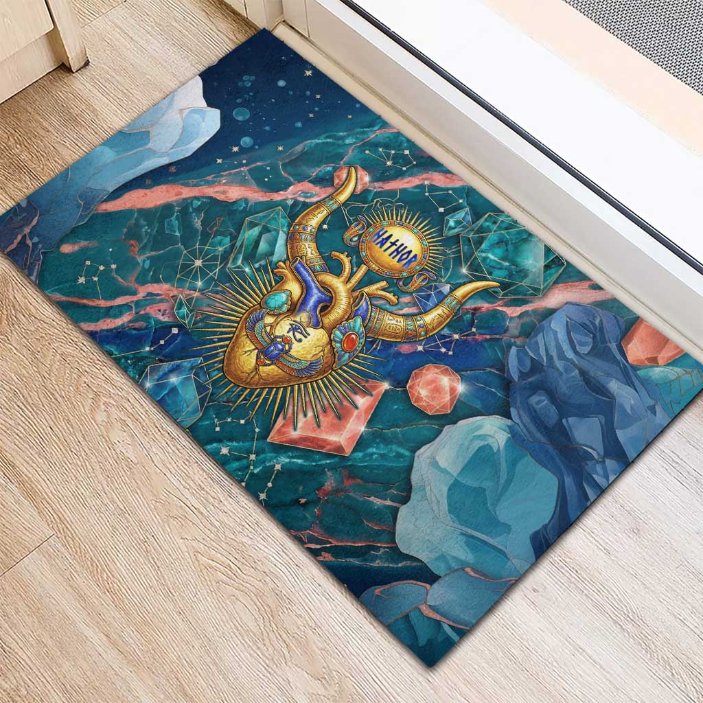 Hathor Golden Sacred Heart Egyptian Rubber Doormat with Gemstone Pattern in Turquoise Theme