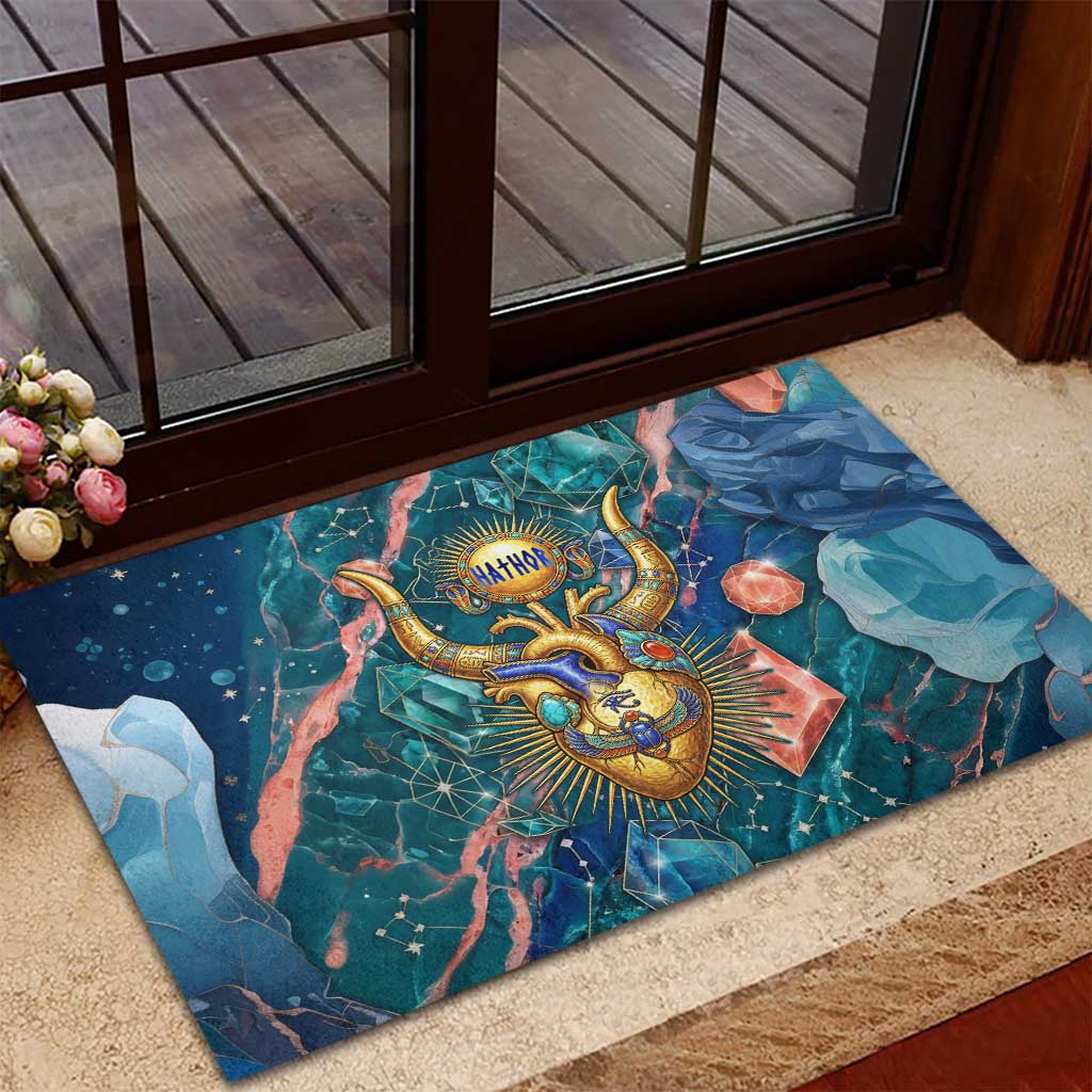 Hathor Golden Sacred Heart Egyptian Rubber Doormat with Gemstone Pattern in Turquoise Theme