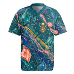 Hathor Golden Sacred Heart Egyptian Rugby Jersey with Gemstone Pattern in Turquoise Theme
