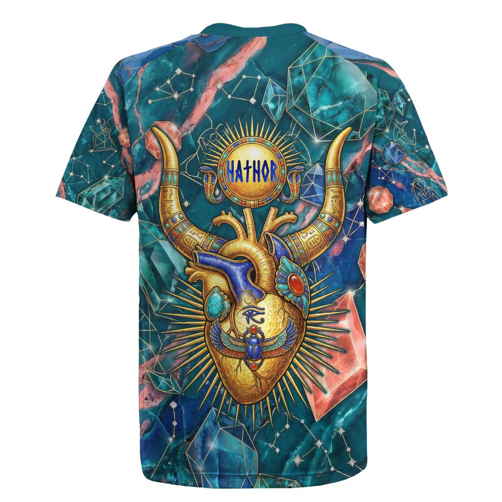 Hathor Golden Sacred Heart Egyptian Rugby Jersey with Gemstone Pattern in Turquoise Theme