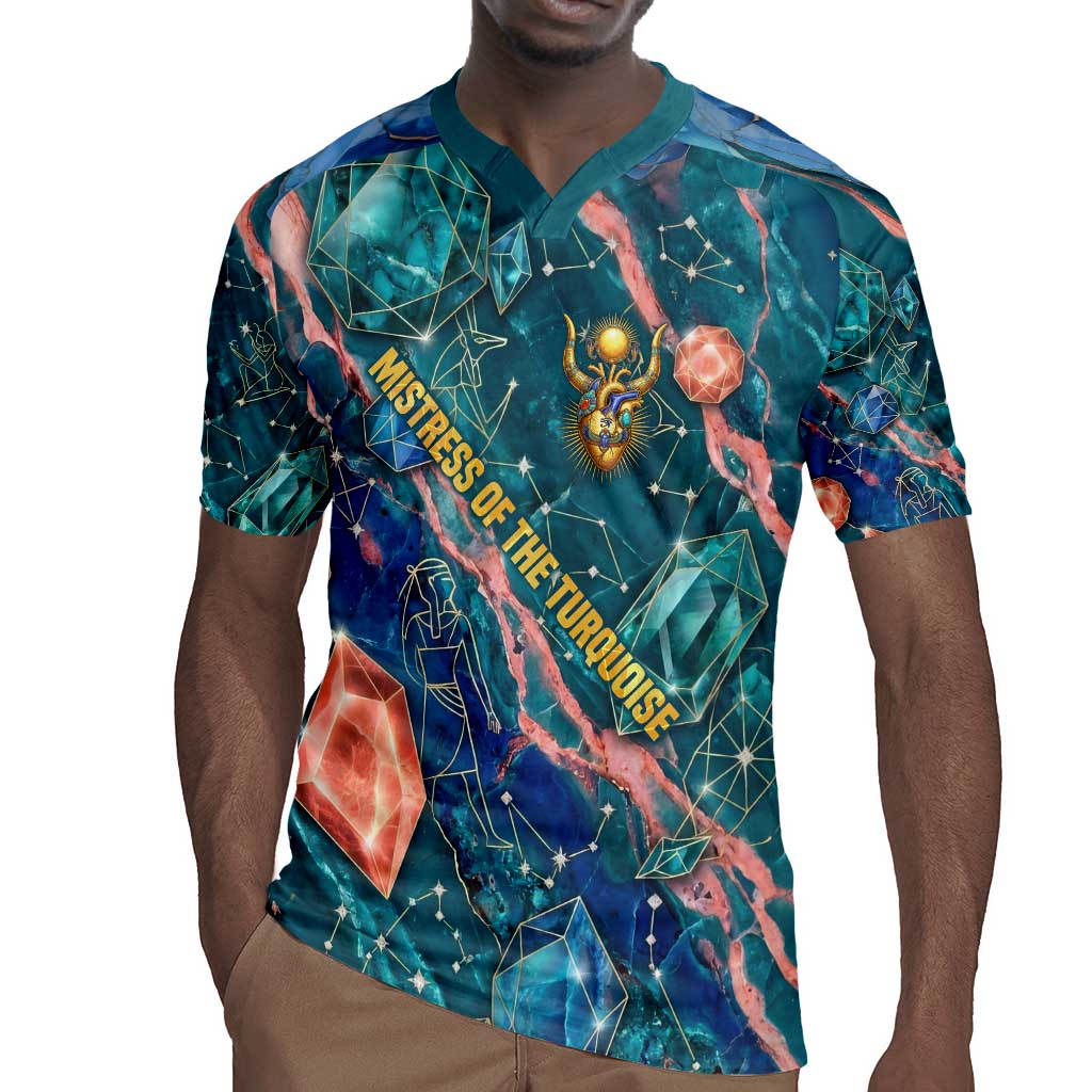 Hathor Golden Sacred Heart Egyptian Rugby Jersey with Gemstone Pattern in Turquoise Theme