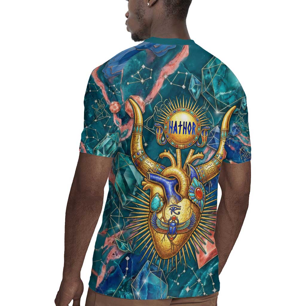 Hathor Golden Sacred Heart Egyptian Rugby Jersey with Gemstone Pattern in Turquoise Theme