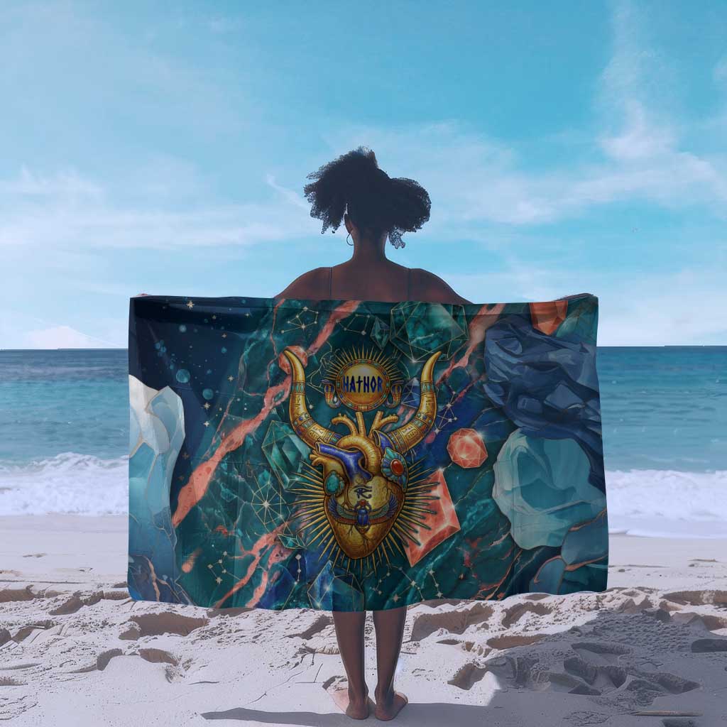 Hathor Golden Sacred Heart Egyptian Sarong with Gemstone Pattern in Turquoise Theme