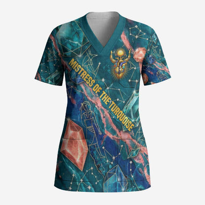 Hathor Golden Sacred Heart Egyptian Scrub Top with Gemstone Pattern in Turquoise Theme