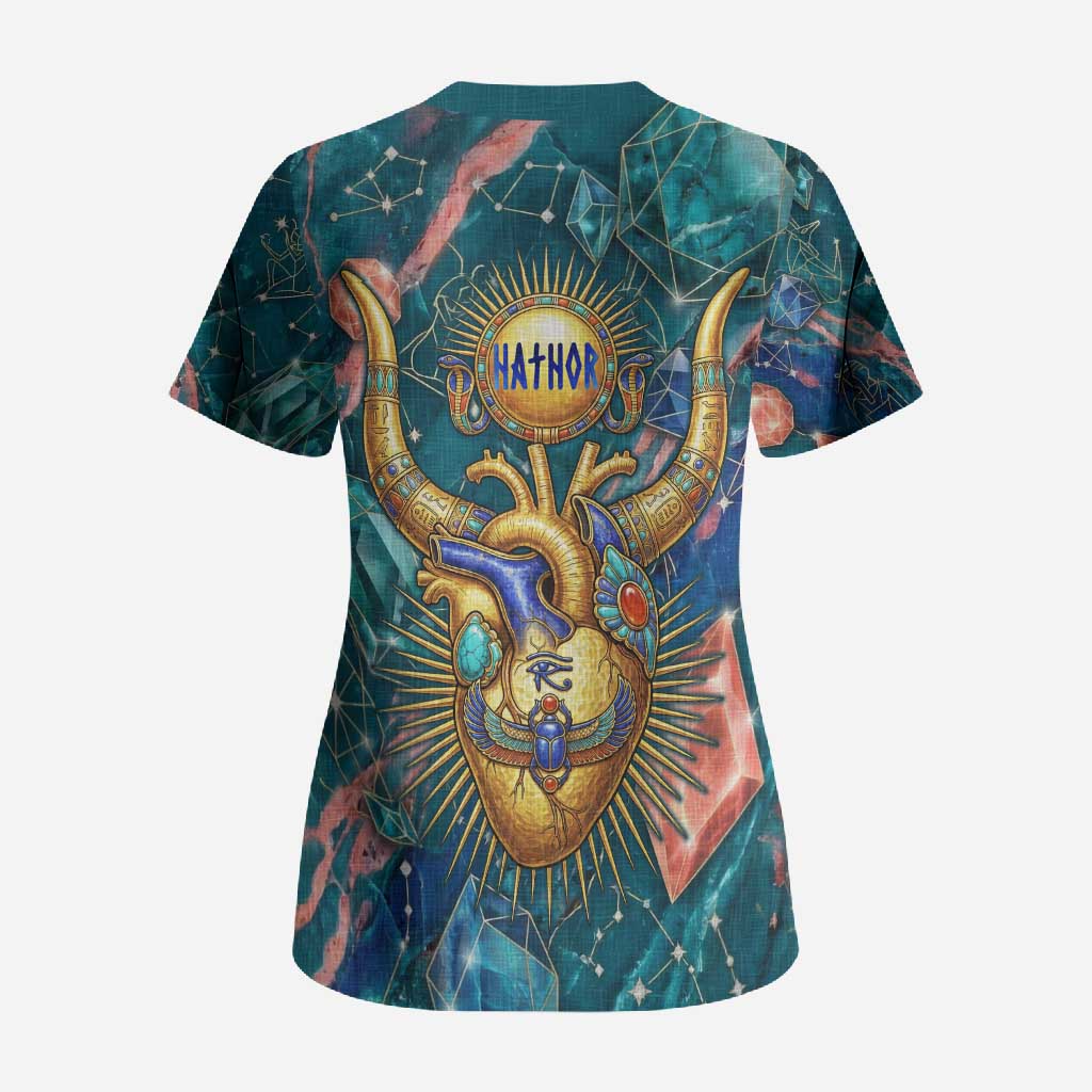 Hathor Golden Sacred Heart Egyptian Scrub Top with Gemstone Pattern in Turquoise Theme