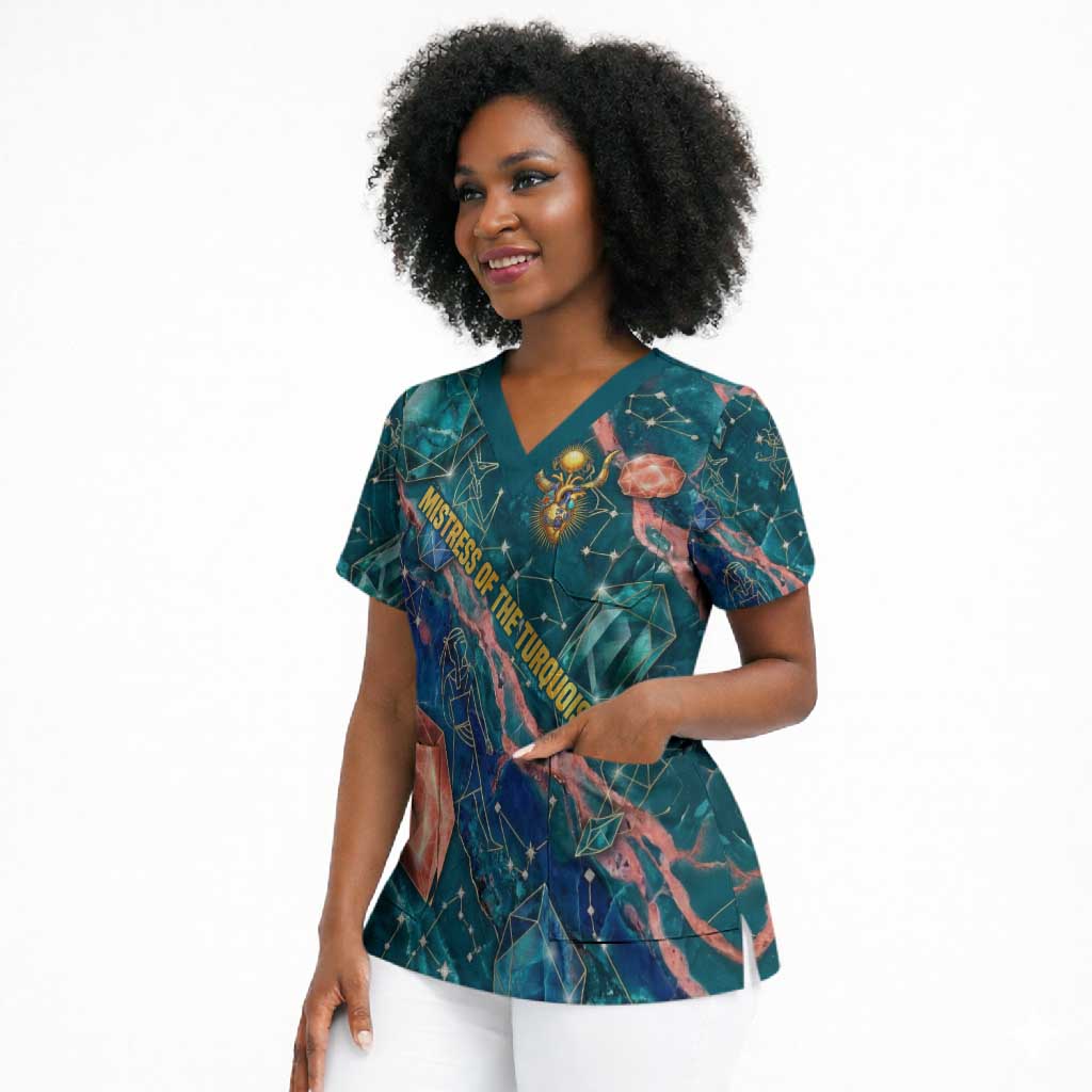 Hathor Golden Sacred Heart Egyptian Scrub Top with Gemstone Pattern in Turquoise Theme