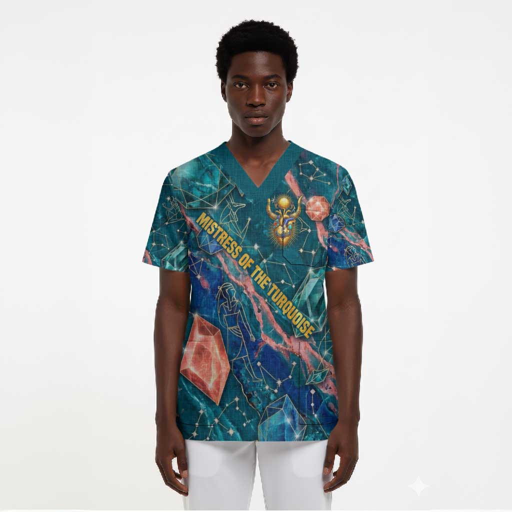 Hathor Golden Sacred Heart Egyptian Scrub Top with Gemstone Pattern in Turquoise Theme