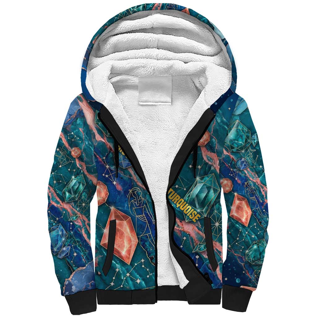 Hathor Golden Sacred Heart Egyptian Sherpa Hoodie with Gemstone Pattern in Turquoise Theme