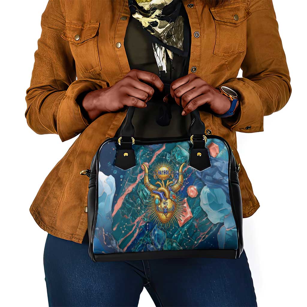 Hathor Golden Sacred Heart Egyptian Shoulder Handbag with Gemstone Pattern in Turquoise Theme