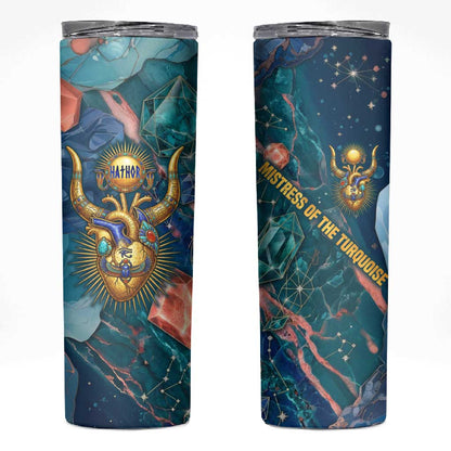Hathor Golden Sacred Heart Egyptian Skinny Tumbler with Gemstone Pattern in Turquoise Theme
