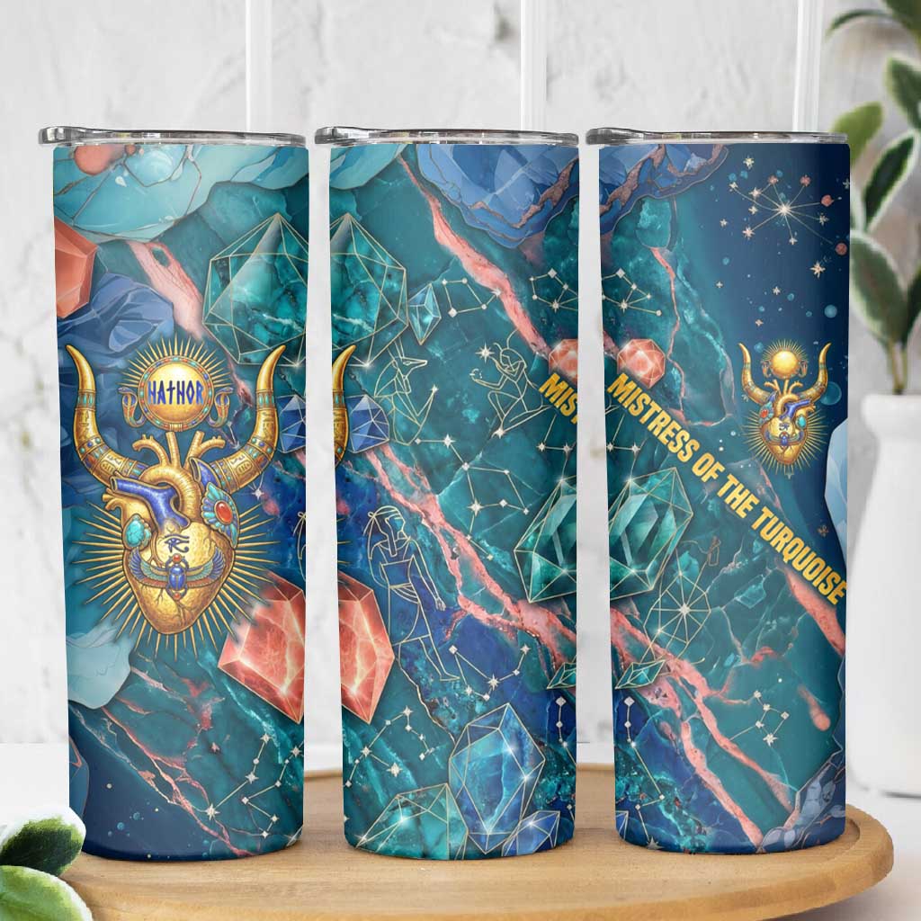 Hathor Golden Sacred Heart Egyptian Skinny Tumbler with Gemstone Pattern in Turquoise Theme
