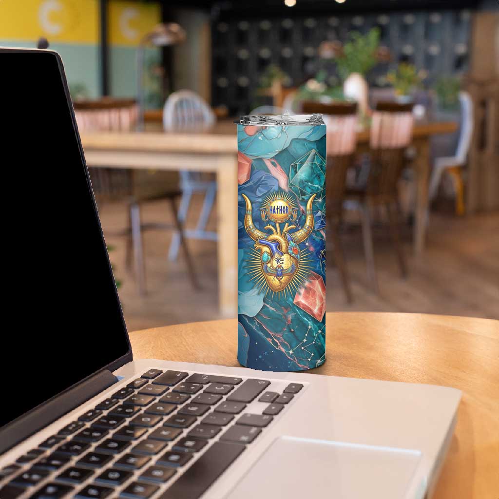 Hathor Golden Sacred Heart Egyptian Skinny Tumbler with Gemstone Pattern in Turquoise Theme
