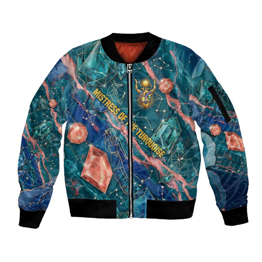 Hathor Golden Sacred Heart Egyptian Sleeve Zip Bomber Jacket with Gemstone Pattern in Turquoise Theme