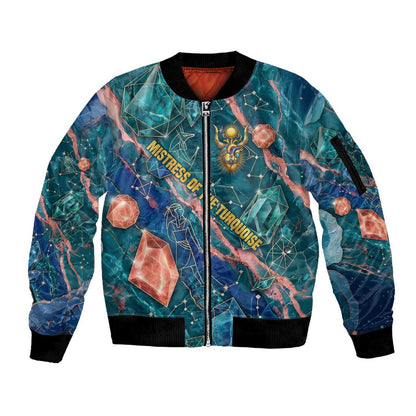 Hathor Golden Sacred Heart Egyptian Sleeve Zip Bomber Jacket with Gemstone Pattern in Turquoise Theme