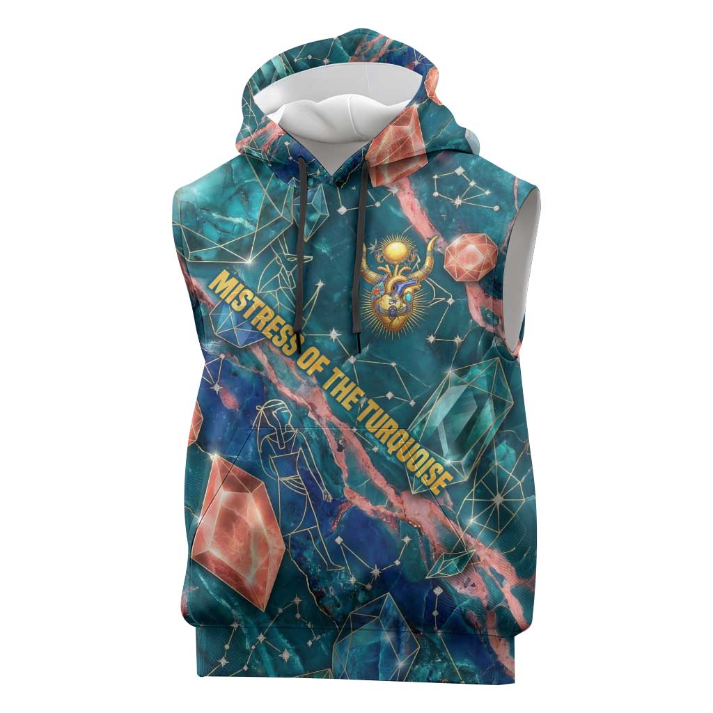 Hathor Golden Sacred Heart Egyptian Sleeveless Hoodie with Gemstone Pattern in Turquoise Theme