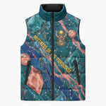 Hathor Golden Sacred Heart Egyptian Sleeveless Puffer Jacket with Gemstone Pattern in Turquoise Theme