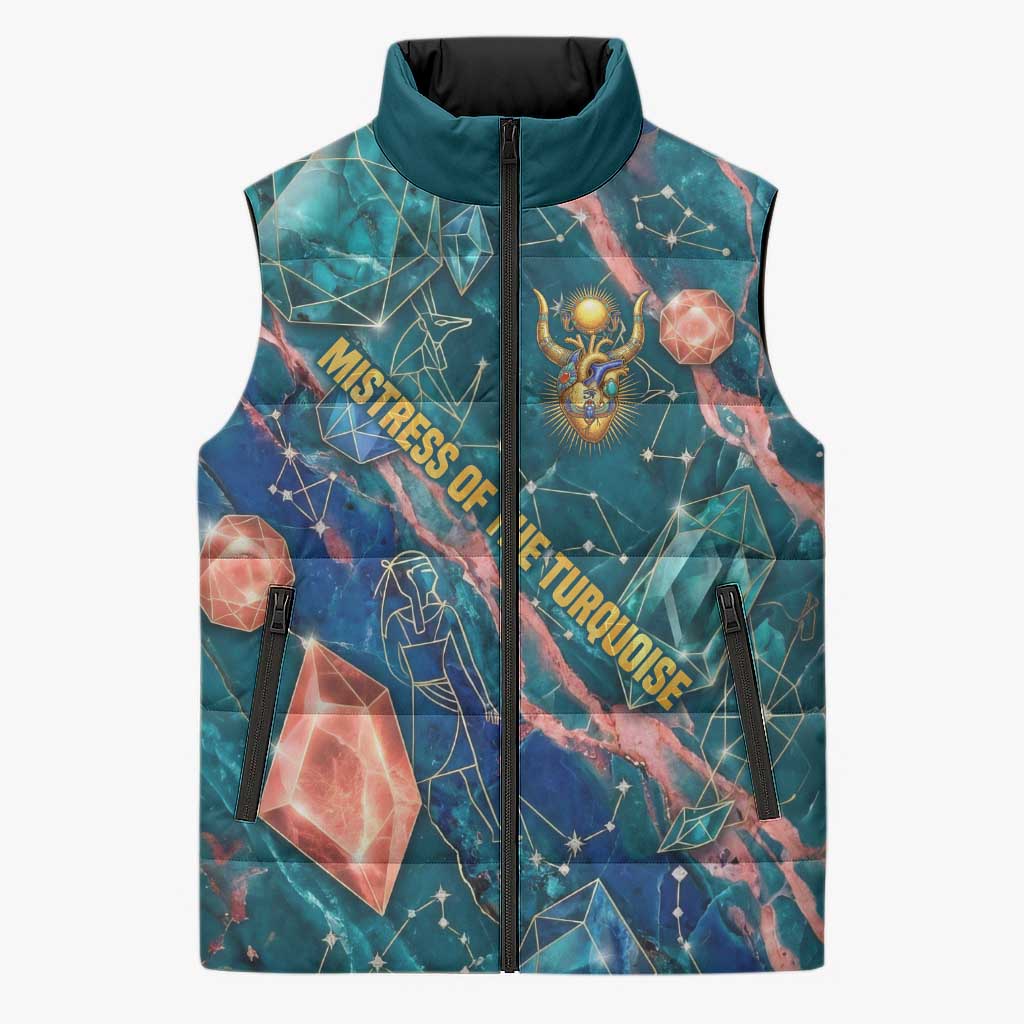Hathor Golden Sacred Heart Egyptian Sleeveless Puffer Jacket with Gemstone Pattern in Turquoise Theme