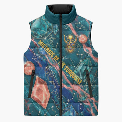 Hathor Golden Sacred Heart Egyptian Sleeveless Puffer Jacket with Gemstone Pattern in Turquoise Theme