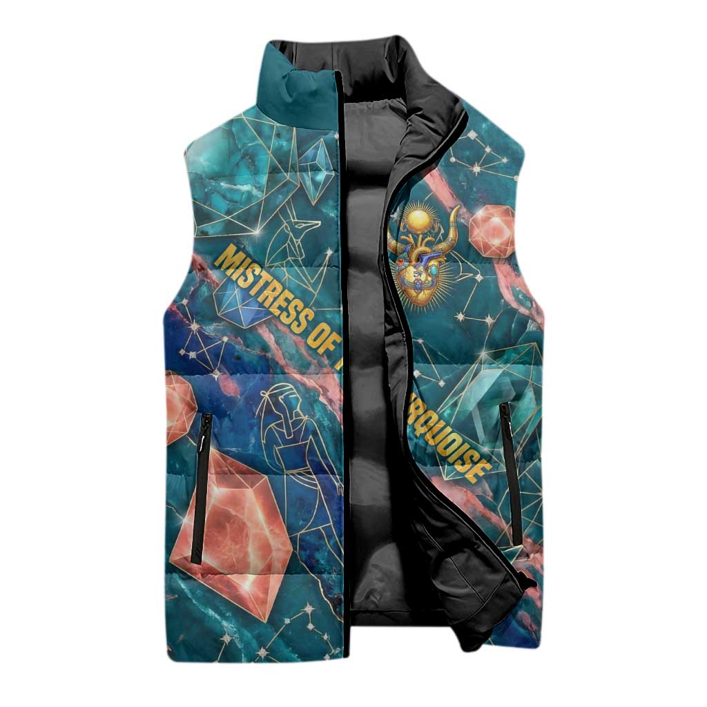 Hathor Golden Sacred Heart Egyptian Sleeveless Puffer Jacket with Gemstone Pattern in Turquoise Theme