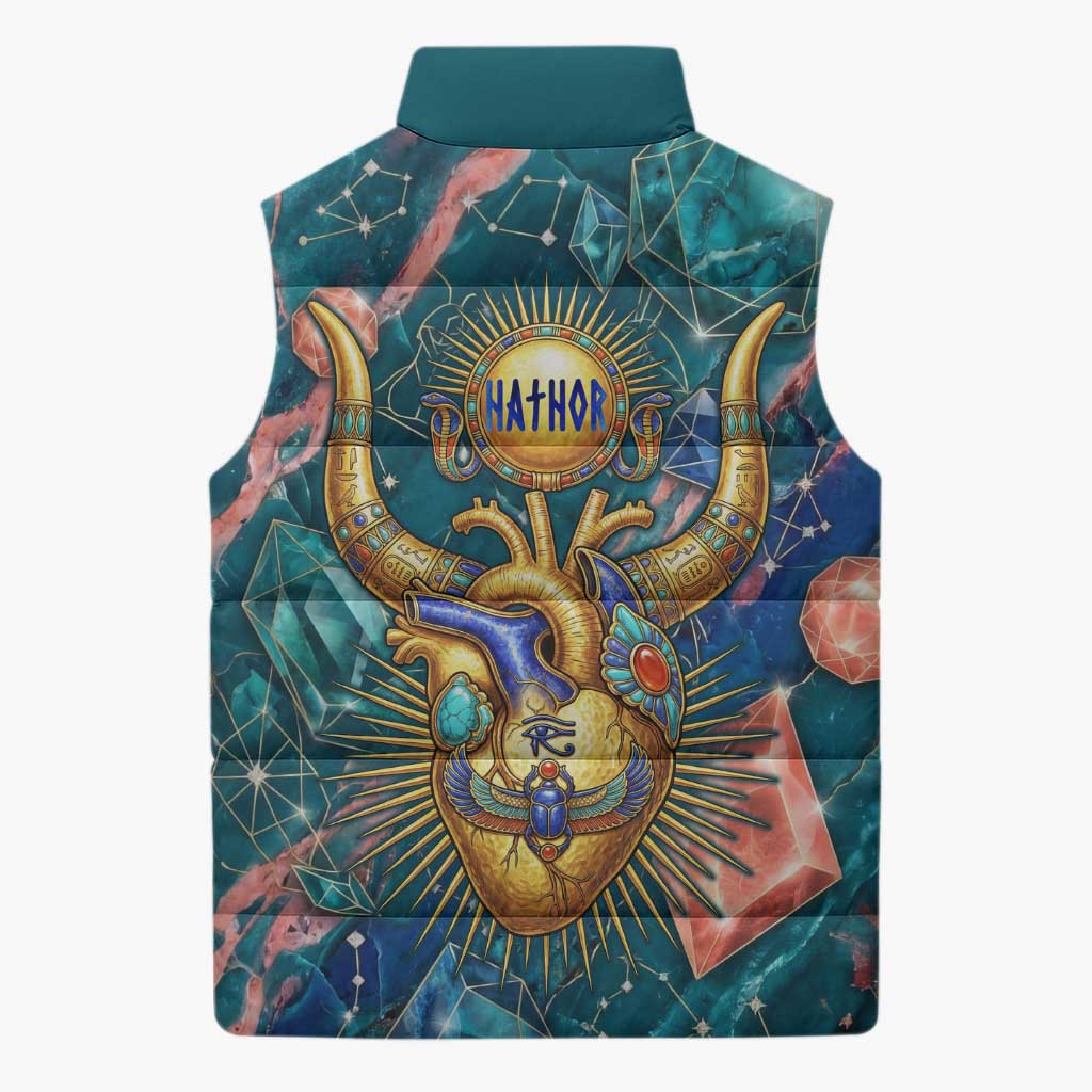 Hathor Golden Sacred Heart Egyptian Sleeveless Puffer Jacket with Gemstone Pattern in Turquoise Theme