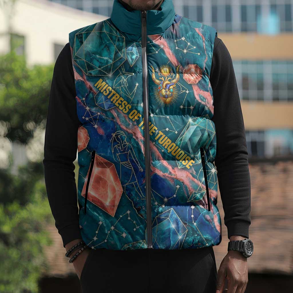 Hathor Golden Sacred Heart Egyptian Sleeveless Puffer Jacket with Gemstone Pattern in Turquoise Theme