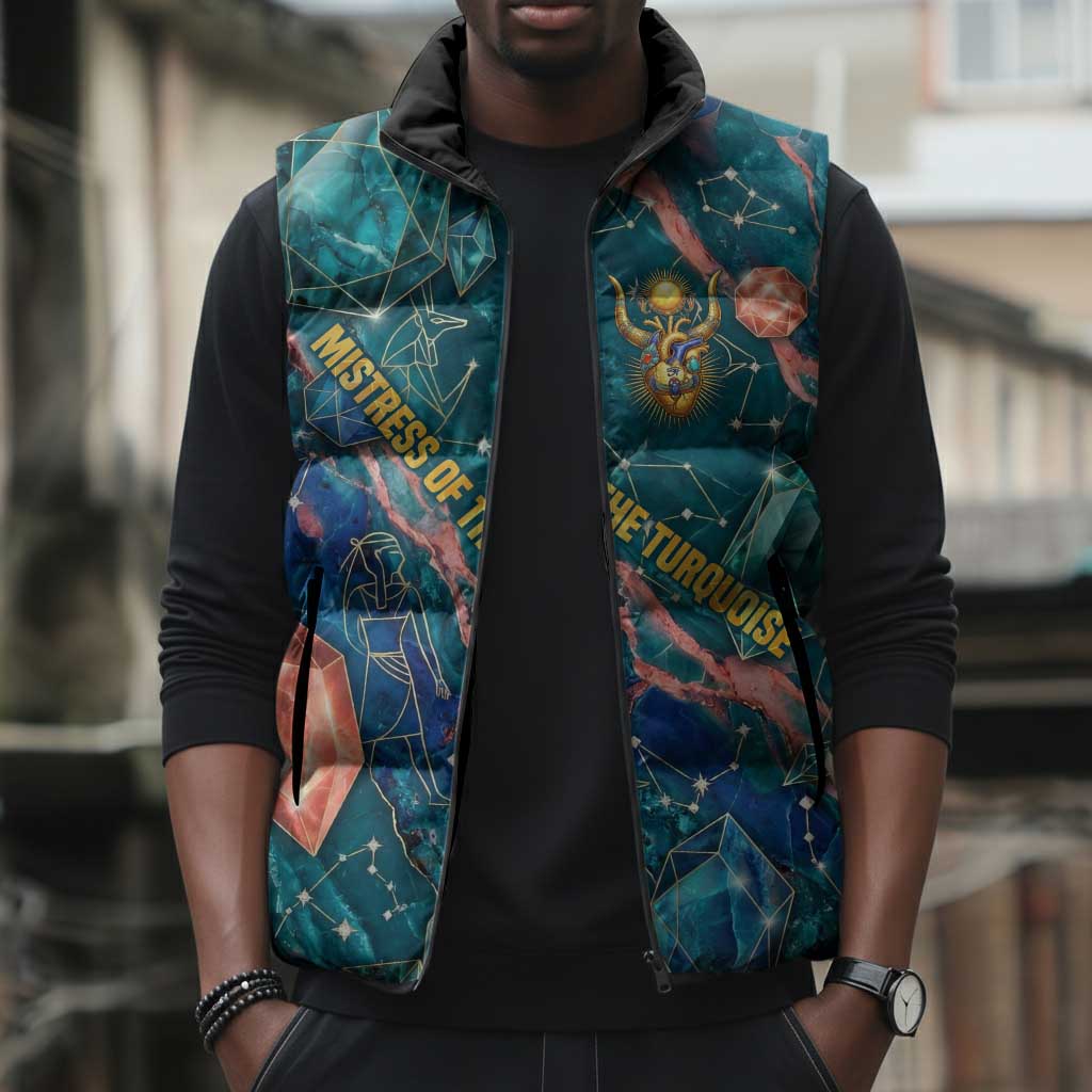 Hathor Golden Sacred Heart Egyptian Sleeveless Puffer Jacket with Gemstone Pattern in Turquoise Theme