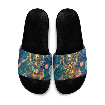 Hathor Golden Sacred Heart Egyptian Slide Sandals with Gemstone Pattern in Turquoise Theme
