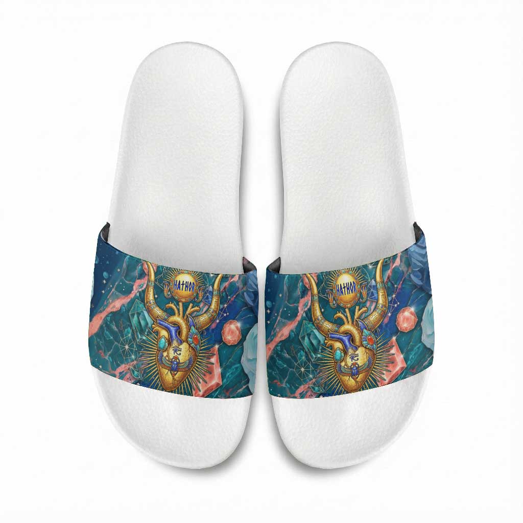 Hathor Golden Sacred Heart Egyptian Slide Sandals with Gemstone Pattern in Turquoise Theme