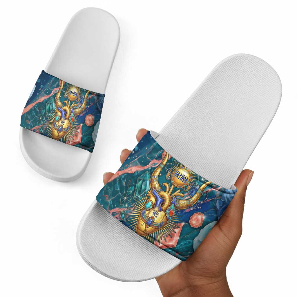 Hathor Golden Sacred Heart Egyptian Slide Sandals with Gemstone Pattern in Turquoise Theme