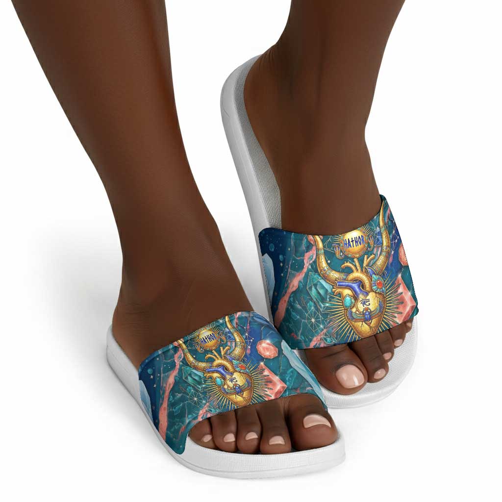 Hathor Golden Sacred Heart Egyptian Slide Sandals with Gemstone Pattern in Turquoise Theme