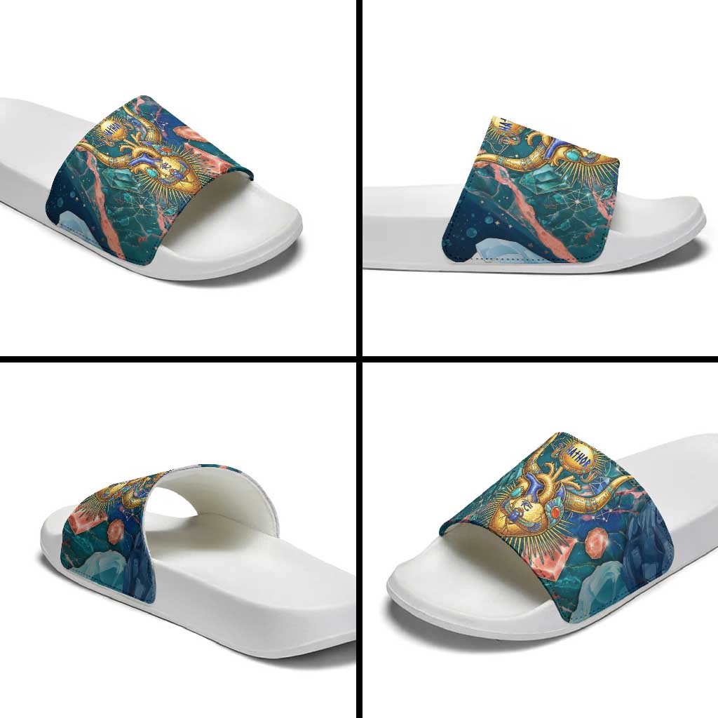 Hathor Golden Sacred Heart Egyptian Slide Sandals with Gemstone Pattern in Turquoise Theme
