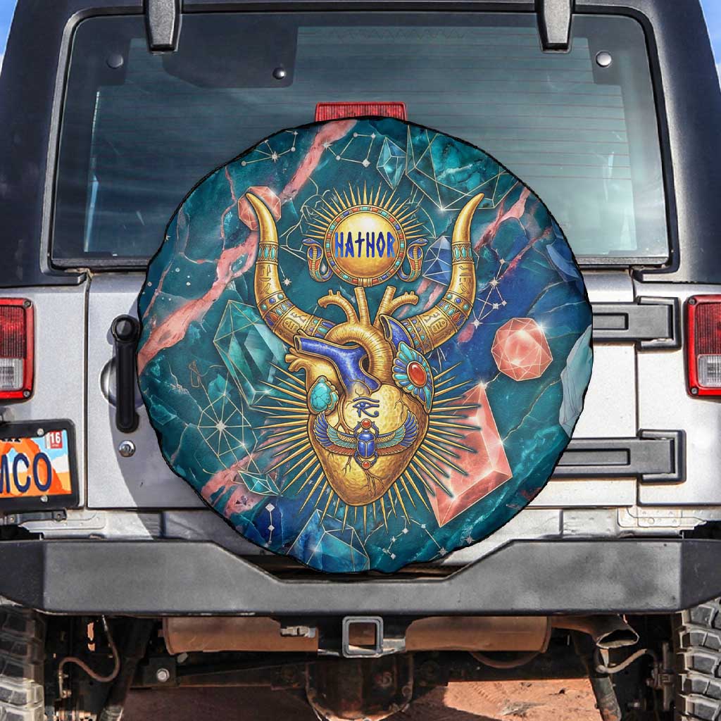 Hathor Golden Sacred Heart Egyptian Spare Tire Cover with Gemstone Pattern in Turquoise Theme