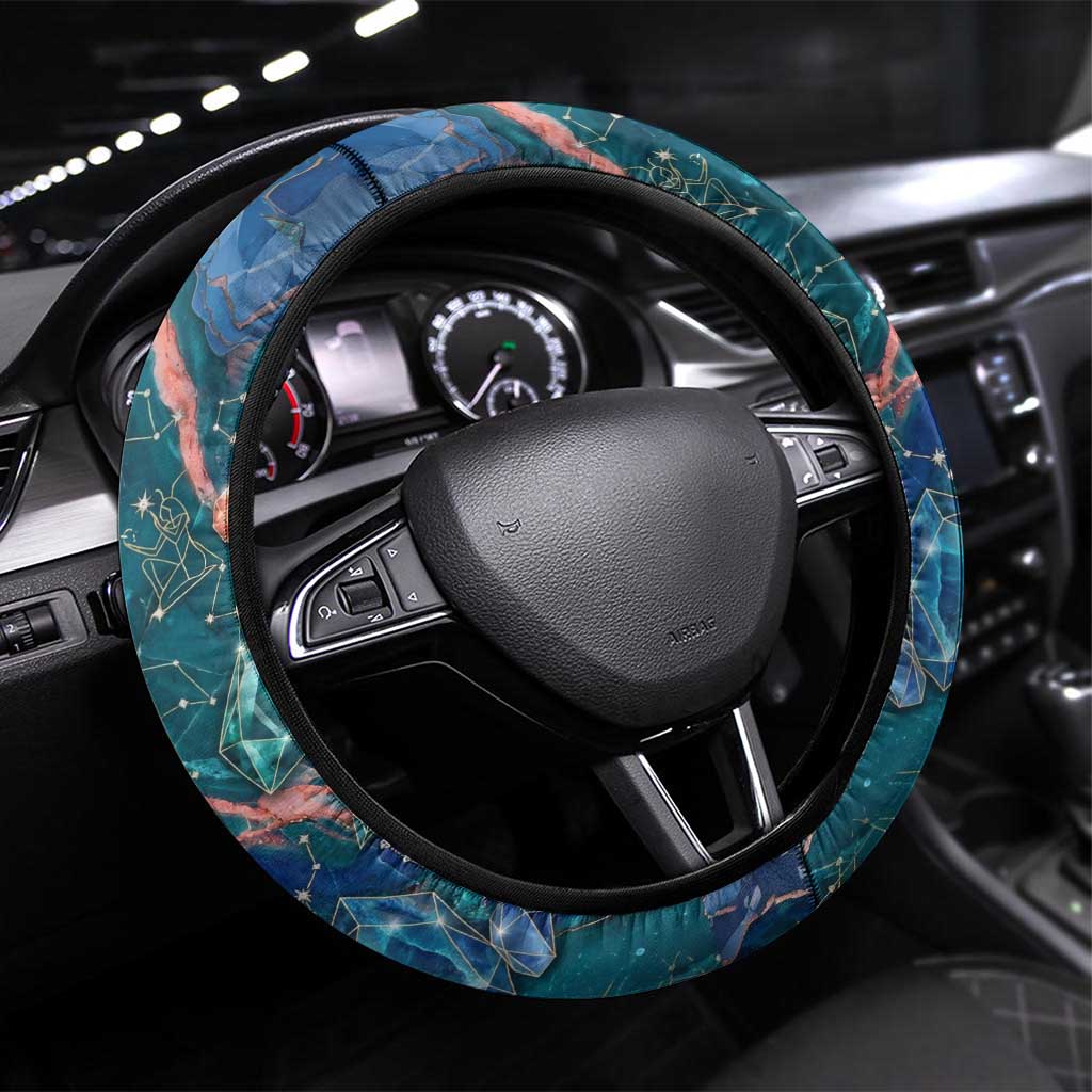 Hathor Golden Sacred Heart Egyptian Steering Wheel Cover with Gemstone Pattern in Turquoise Theme