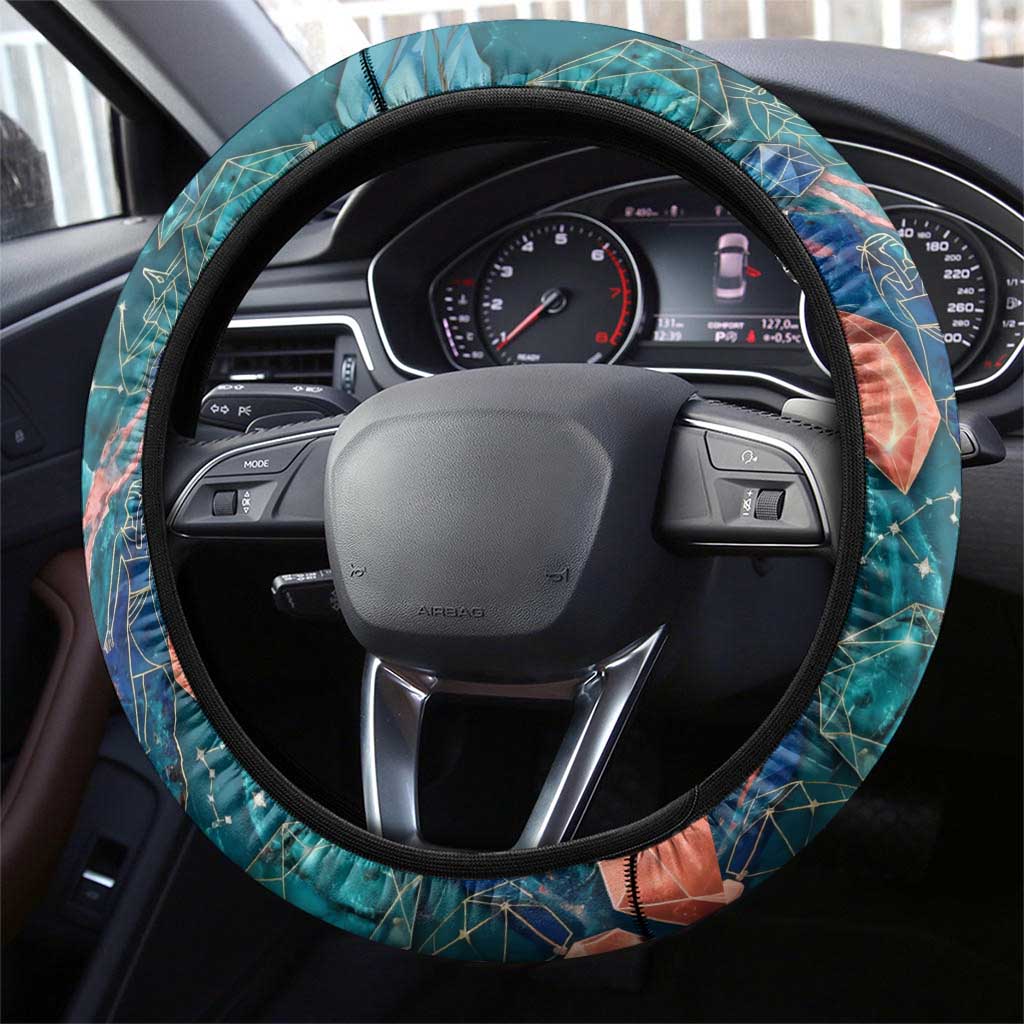 Hathor Golden Sacred Heart Egyptian Steering Wheel Cover with Gemstone Pattern in Turquoise Theme