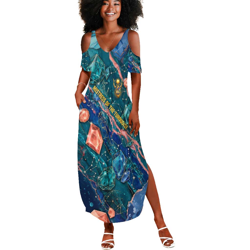 Hathor Golden Sacred Heart Egyptian Summer Maxi Dress with Gemstone Pattern in Turquoise Theme