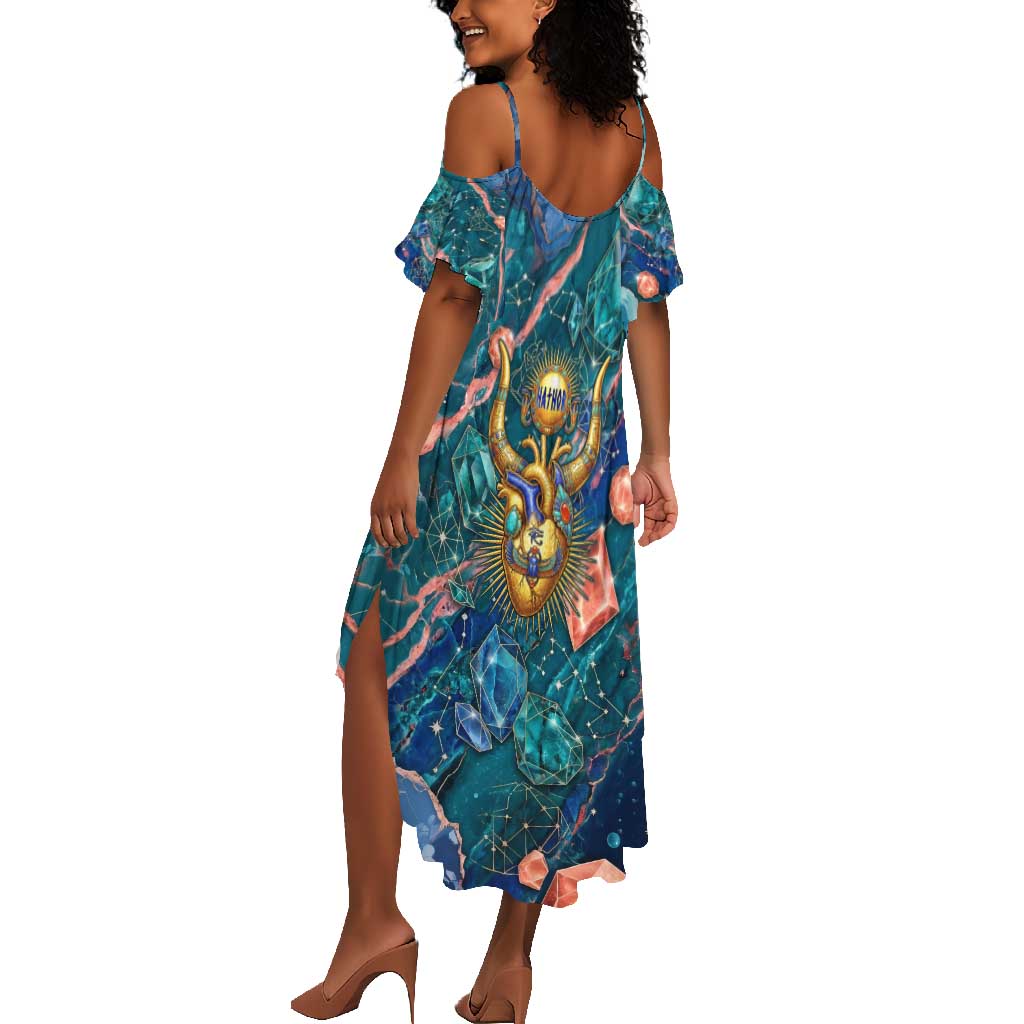 Hathor Golden Sacred Heart Egyptian Summer Maxi Dress with Gemstone Pattern in Turquoise Theme