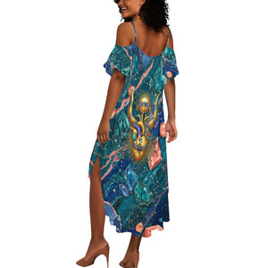 Hathor Golden Sacred Heart Egyptian Summer Maxi Dress with Gemstone Pattern in Turquoise Theme