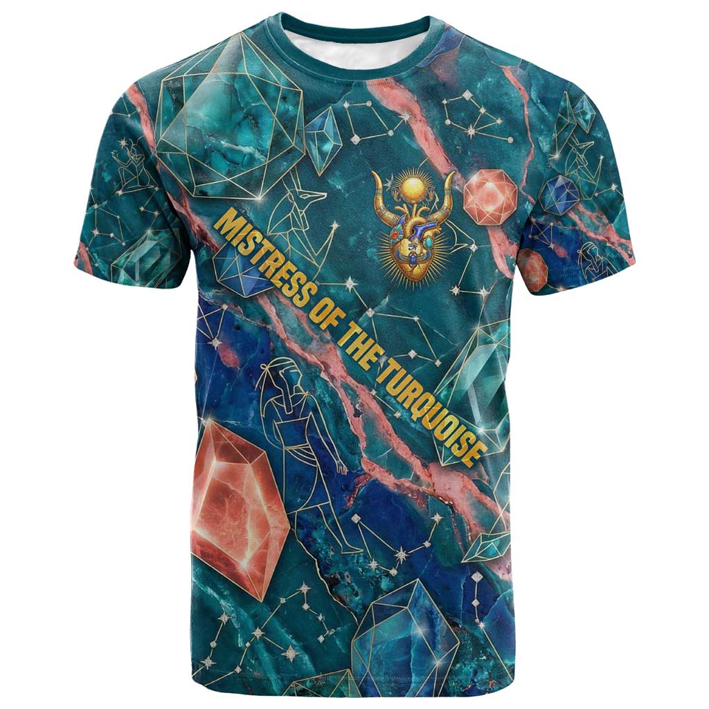 Hathor Golden Sacred Heart Egyptian T shirt with Gemstone Pattern in Turquoise Theme