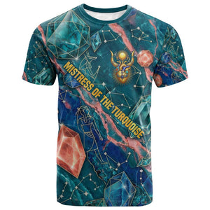 Hathor Golden Sacred Heart Egyptian T shirt with Gemstone Pattern in Turquoise Theme