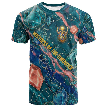 Hathor Golden Sacred Heart Egyptian T shirt with Gemstone Pattern in Turquoise Theme