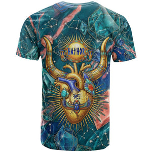 Hathor Golden Sacred Heart Egyptian T shirt with Gemstone Pattern in Turquoise Theme