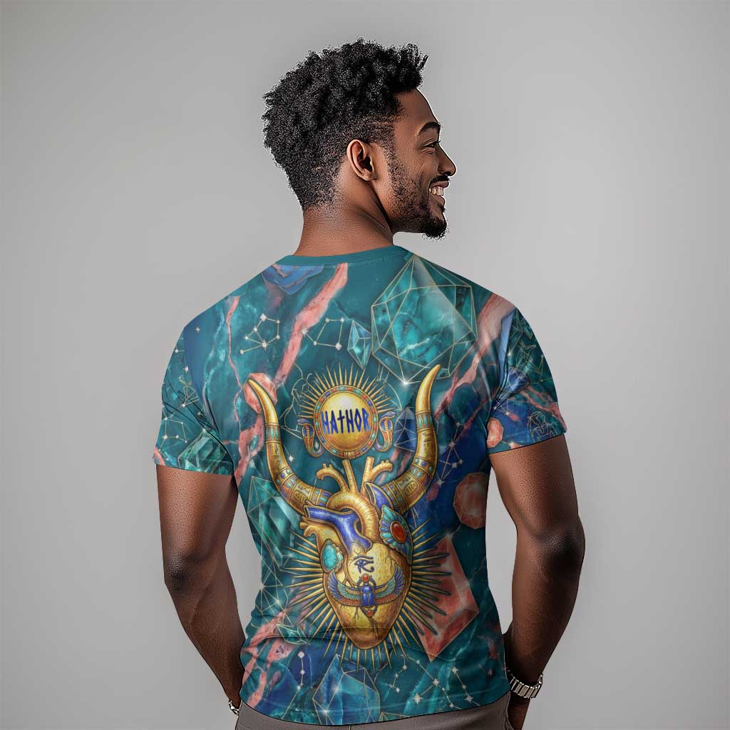 Hathor Golden Sacred Heart Egyptian T shirt with Gemstone Pattern in Turquoise Theme