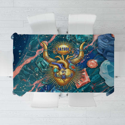 Hathor Golden Sacred Heart Egyptian Tablecloth with Gemstone Pattern in Turquoise Theme