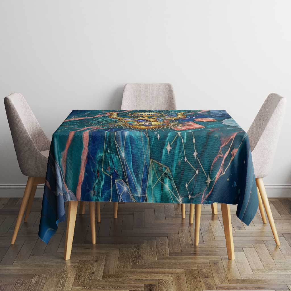 Hathor Golden Sacred Heart Egyptian Tablecloth with Gemstone Pattern in Turquoise Theme