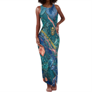 Hathor Golden Sacred Heart Egyptian Tank Maxi Dress with Gemstone Pattern in Turquoise Theme