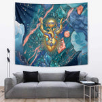Hathor Golden Sacred Heart Egyptian Tapestry with Gemstone Pattern in Turquoise Theme