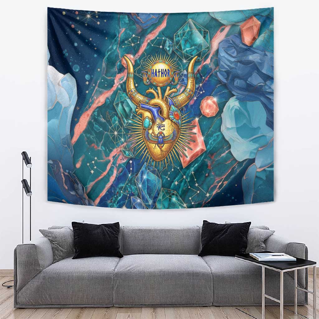 Hathor Golden Sacred Heart Egyptian Tapestry with Gemstone Pattern in Turquoise Theme