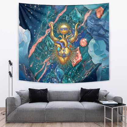 Hathor Golden Sacred Heart Egyptian Tapestry with Gemstone Pattern in Turquoise Theme